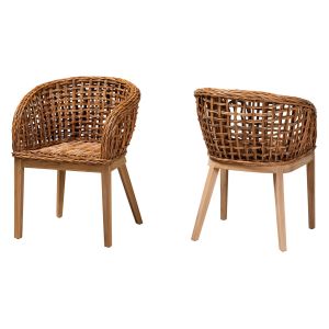 Mario Modern Bohemian Natural Brown Teak Wood and Rattan 2-Pcs Dining Chair Set