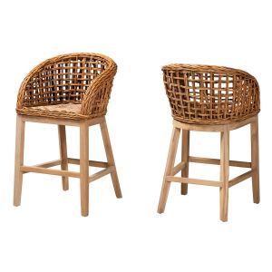 Mario Modern Bohemian Natural Brown Teak Wood and Rattan 2-Pcs Counter Stool Set