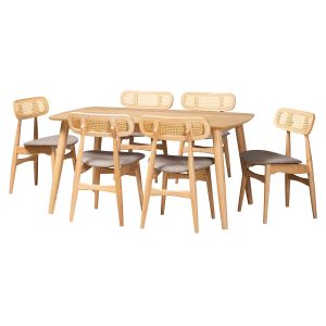 Tarana Mid-Century Grey Fabric and Natural Oak Finish Wood 7-Piece Dining Set