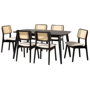 Dannon Mid-Century Modern Cream Fabric and Black Finish Wood 7-Piece Dining Set