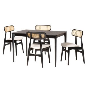 Tarana Mid-Century Modern Cream Fabric and Black Finish Wood 5-Piece Dining Set