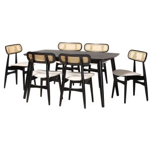 Tarana Mid-Century Modern Cream Fabric and Black Finish Wood 7-Piece Dining Set
