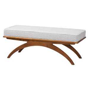 Orella Japandi Light Grey Boucle Fabric and Walnut Brown Finished Wood Bench