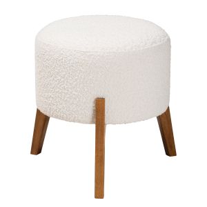 Elkie Japandi Cream Boucle Fabric and Walnut Brown Finish Wood Ottoman Footstool