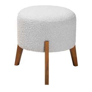 Elkie Japandi Light Grey Boucle Fabric and Walnut Brown Wood Ottoman Footstool