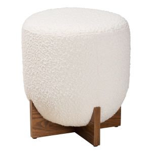Fisk Japandi Cream Boucle Fabric and Walnut Brown Finish Wood Ottoman Footstool