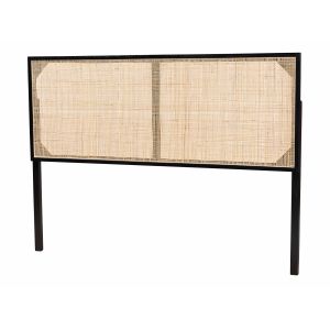Aurelia Modern Black Finished Bayur Wood and Natural Rattan Queen Size Headboard