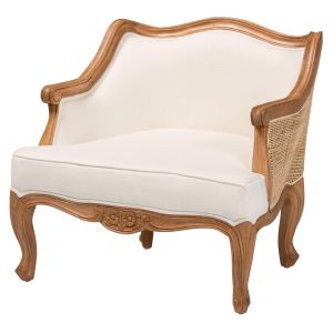 Sylvestra French Beige Fabric and Honey Oak Finished Wood Low Seat Accent Chair