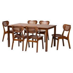 Jeriah Walnut Brown Finished Wood and Woven Rattan 7-Piece Dining Set