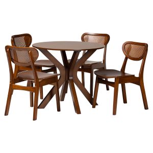 Giuliana Modern Walnut Brown Finished Wood and Woven Rattan 5-Piece Dining Set
