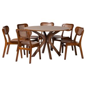 Giuliana Walnut Brown Finished Wood and Woven Rattan 7-Piece Dining Set