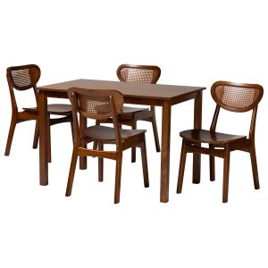 Jeriah Mid-Century Walnut Brown Finish Wood and Woven Rattan 5-Piece Dining Set