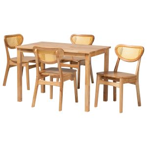 Haviland Mid-Century Modern Oak Brown Finish Wood and Rattan 5-Piece Dining Set