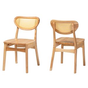 Nenet Modern Oak Brown Finished Wood and Rattan 2-Piece Dining Chair Set
