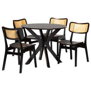 Linnet Mid-Century Modern Dark Brown Finished Wood and Rattan 5-Piece Dining Set