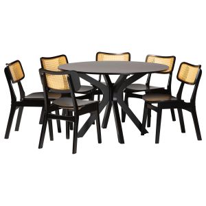 Linnet Mid-Century Modern Dark Brown Finished Wood and Rattan 7-Piece Dining Set