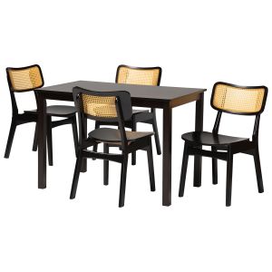 Estera Mid-Century Modern Dark Brown Finished Wood and Rattan 5-Piece Dining Set