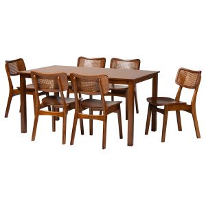 Estera Mid-Century Modern Walnut Brown Finish Wood and Rattan 7-Piece Dining Set