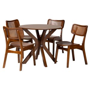 Linnet Mid-Century Modern Walnut Brown Finish Wood and Rattan 5-Piece Dining Set