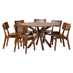 Linnet Mid-Century Modern Walnut Brown Finish Wood and Rattan 7-Piece Dining Set