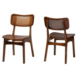 Tafari Modern Walnut Brown Finished Wood and Rattan 2-Piece Dining Chair Set