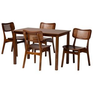 Estera Mid-Century Modern Walnut Brown Finish Wood and Rattan 5-Piece Dining Set