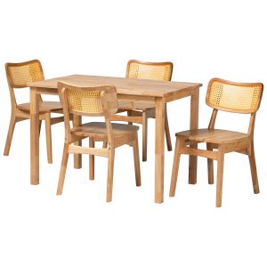 Dulcet Mid-Century Modern Oak Brown Finished Wood and Rattan 5-Piece Dining Set
