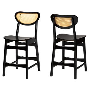 Hesper Modern Dark Brown Finished Wood and Rattan 2-Piece Counter Stool Set