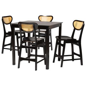 Hesper Mid-Century Modern Dark Brown Finished Wood and Rattan 5-Piece Pub Set