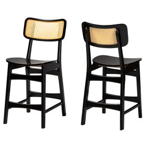 Tafari Modern Dark Brown Finished Wood and Rattan 2-Piece Counter Stool Set