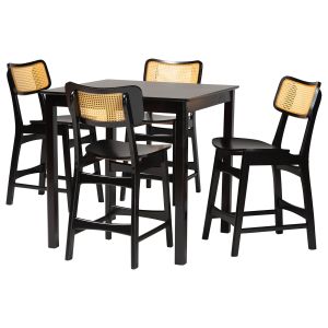 Tafari Mid-Century Modern Dark Brown Finished Wood and Rattan Pub Set