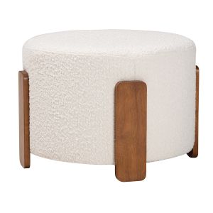Finlay Japandi Cream Boucle Fabric and Walnut Brown Finished Wood Ottoman