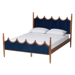 Calgary Retro-Modern Royal Blue Velvet Walnut Brown Wood Queen Size Platform Bed