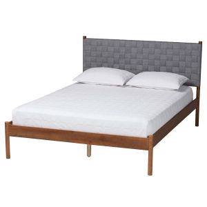 Estela Modern Grey Woven Fabric and Walnut Brown Wood Queen Size Platform Bed