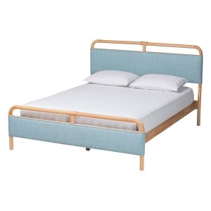 Mateo Contemporary Baby Blue Fabric and Natural Wood Queen Size Platform Bed