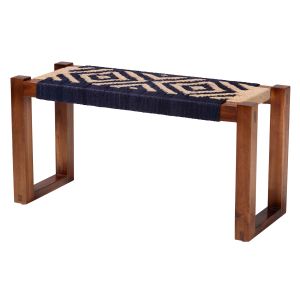 Prunella Two-Tone Navy Blue and Natural Brown Seagrass Acacia Wood Accent Bench