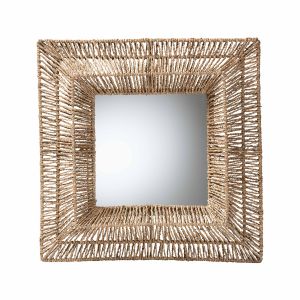 Collice Modern Bohemian Metal and Natural Brown Seagrass Accent Wall Mirror