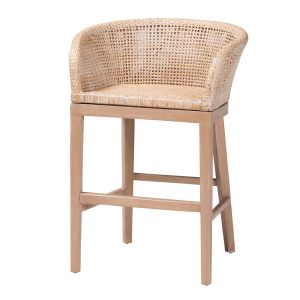 Papua Modern Bohemian Antique White Washed Rattan Mahogany Wood Counter Stool