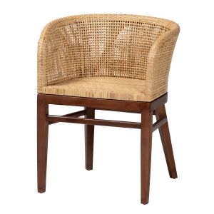 Papua Modern Bohemian Natural Rattan and Walnut Brown Acacia Wood Dining Chair