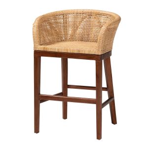 Papua Modern Bohemian Natural Rattan and Walnut Brown Acacia Wood Counter Stool