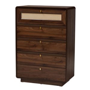 Jenibelle Classic Walnut Brown Wood 5-Drawer Chest with Rattan Drawer