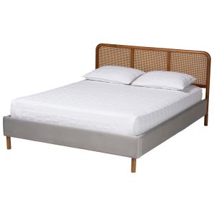 Rosita Light Grey Velvet Fabric Walnut Brown Finished Wood Queen Size Bed