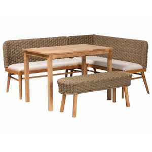 Denver Modern Bohemian Natural Seagrass and Acacia Wood 4-Piece Dining Nook Set