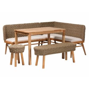 Denver Modern Bohemian Natural Seagrass and Acacia Wood 5-Piece Dining Nook Set