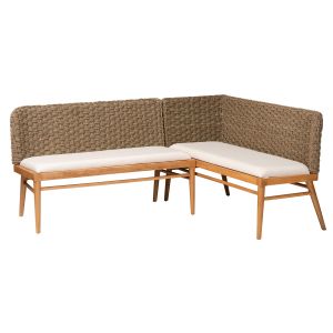 Denver Bohemian Natural Seagrass Acacia Wood 2-Piece Dining Nook Banquette Set