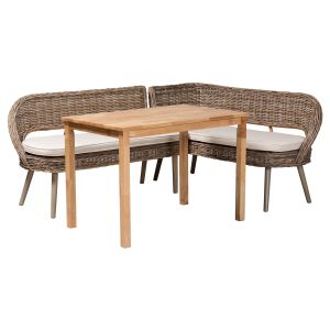 Raisa Bohemian Natural Kubu Rattan Bench and Wood Table 3-Piece Dining Nook Set