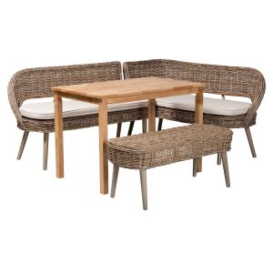 Raisa Bohemian Natural Kubu Rattan Bench and Wood Table 4-Piece Dining Nook Set