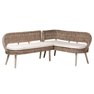 Raisa Natural Kubu Rattan and Grey Acacia Wood 2-Piece Dining Nook Banquette Set