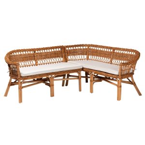 Nella Modern Bohemian Natural Brown Rattan 2-Piece Dining Nook Banquette Set