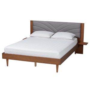 Hemera Grey Fabric and Walnut Brown Wood King Size Bed With Floating Side Table